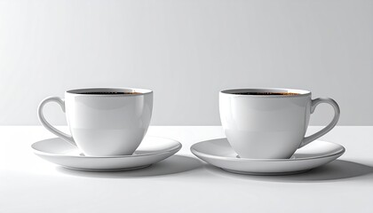 Obraz premium Two white coffee cups with dark liquid, on white saucers, minimalist setting