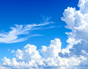 Vivid blue sky, fluffy cumulus clouds