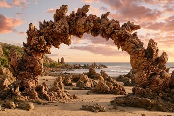 Dramatic rock arch at sunrise over beach