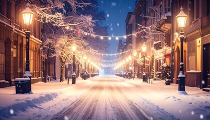 Snowy winter street at night