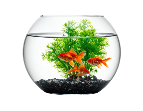 Round fish tank with three orange fish and green plants