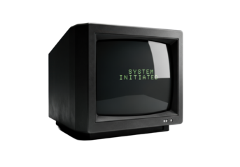 Robust vintage boxy CRT monitor, dark textured metal, curved screen, 'SYSTEM INITIATED' in green pixelated font, isolated on white background with sharp shadow, anachronistic technology concept
