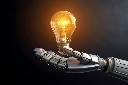 Robotic hand holding a glowing incandescent light bulb representing innovation and artificial intelligence success