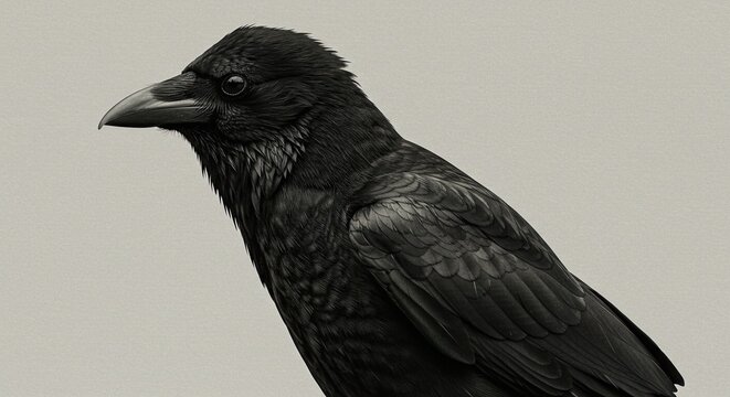 A detailed close-up profile of a black raven showing its glossy feathers and sharp beak against a plain background.