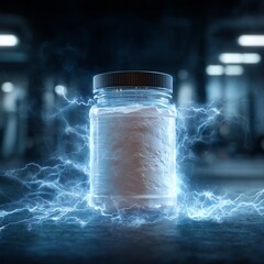 Levitating creatine jar with lightning energy, no label, dark gym background, cinematic square composition