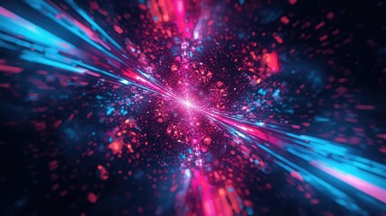 Obraz premium A vibrant, glowing tunnel of neon lights and particles, radiating energy and speed.