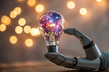 Robotic hand holding glowing light bulb filled with colorful abstract digital network idea concept