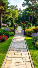 Obraz premium Lush garden vista stone path leads through vibrant flowers and towering trees under a sunny sky, promising peace & tranquility