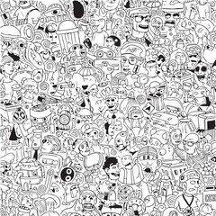 Obraz premium Detailed Monochromatic Hand-Drawn Doodle Art with Diverse Characters and Objects