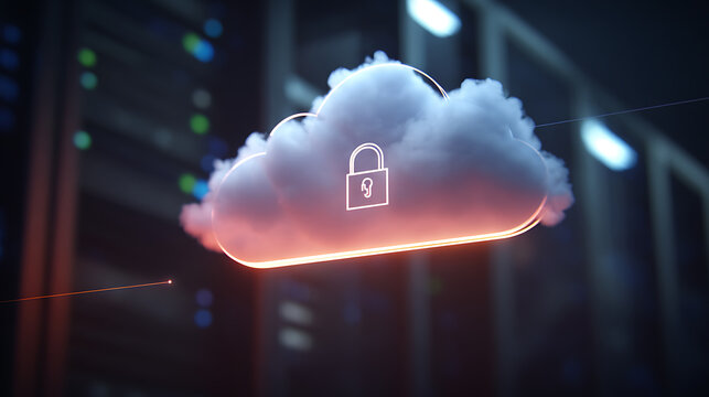 A glowing cloud with a lock symbol floats in front of server racks, representing secure cloud computing.