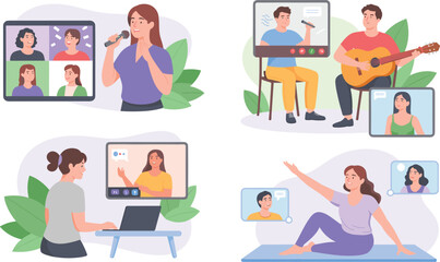 People Participating in Online Group Activities vector illustration