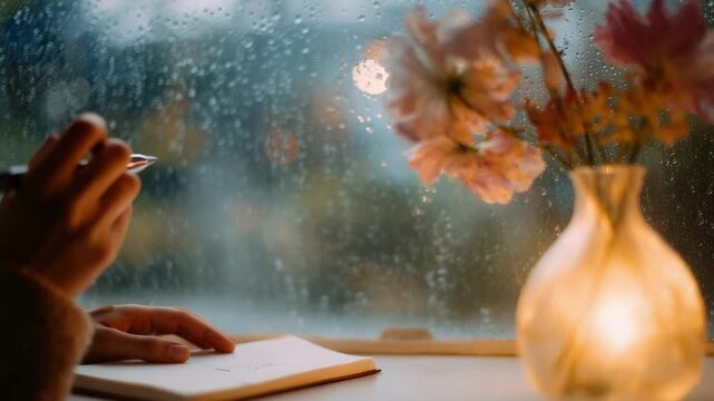 A person writes in a notebook by a rain-streaked window, with a glowing vase of flowers on the desk.