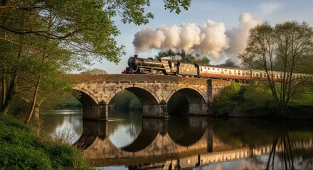A vintage steam train crosses a stone arched bridge over a calm river, emitting a plume of white smoke against a sunny sky, with lush green trees framing the...