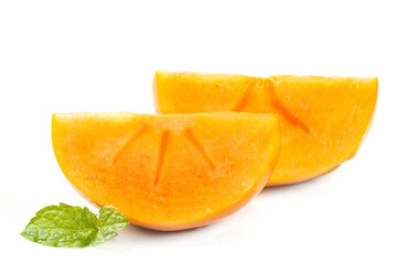 Fresh Persimmon Fruit Slices with Mint on White Background - Healthy Autumn Food Photography