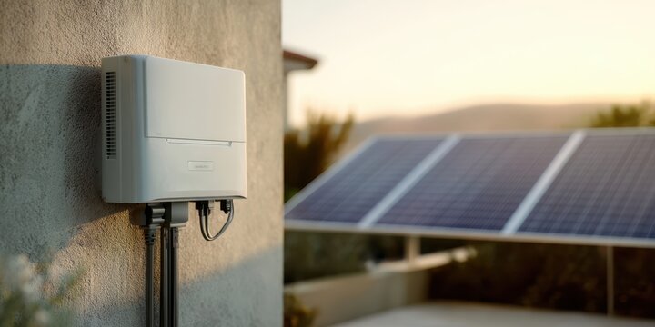 The solar inverter installed outdoors beside a solar panel array at sunset.