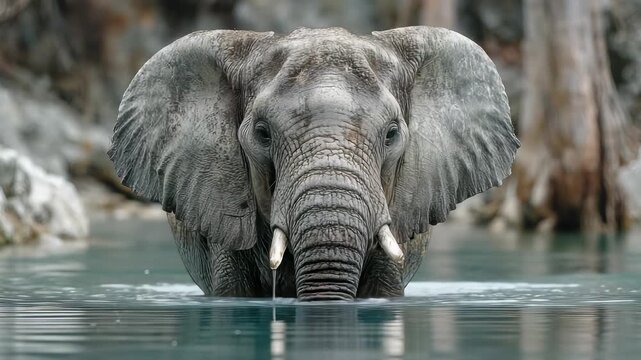 Majestic African Elephant Portrait: Close-Up of Elephant Wading in Water, Showing Detailed Skin Texture and Powerful Tusks in Natural Habitat