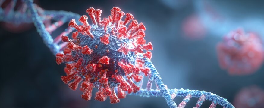 The intricate structure of a coronavirus with RNA strands in detail.