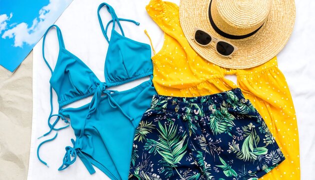 Summer beach outfit bikini, dress, shorts, hat