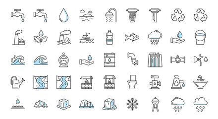 A collection of 48 water-related line icons.