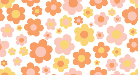 A cheerful seamless pattern of groovy retro-style flowers in warm orange, yellow, and pink tones.