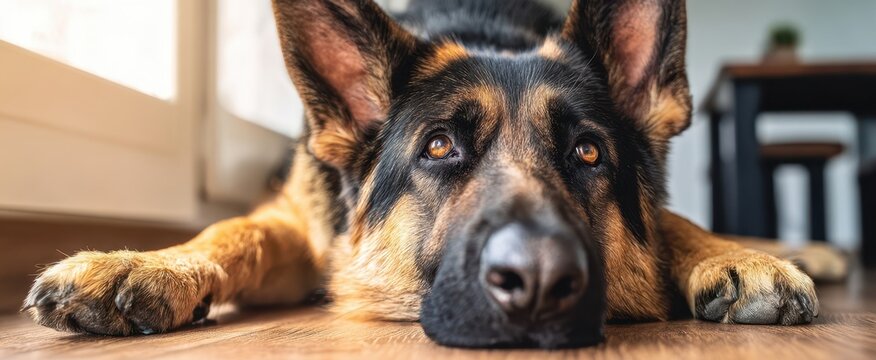 The German Shepherd Laying Comfortably at Home with Adoring Eyes