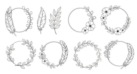Set of hand-drawn floral wreaths and elements for design.