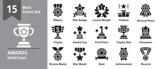 Fototapeta premium Awards Icon set. Including trophies, medals, ribbons, stars, badges and more. Solid vector icons collection.