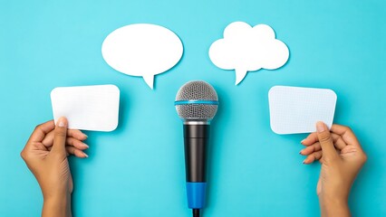 Microphone with speech bubbles symbolizing communication and public speaking
