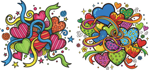 Vibrant Hearts, Ribbons, and Swirls Doodle Art Illustration