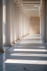 Fototapeta premium Elegant Pillared Hallway with Shadows and Marble Flooring