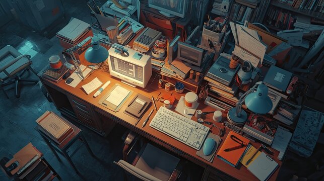 An overhead view of a cluttered vintage desk, filled with books, papers, computers, and office supplies, bathed in a warm, muted light.