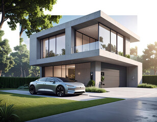  Modern Concrete House with Electric Car | Contemporary Architecture Illustration.