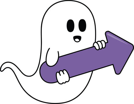 Cute ghost holding a big purple arrow pointing to the right, friendly cartoon character, funny illustration, showing direction, Halloween mascot.
