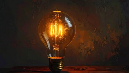 A close-up shot of a lit incandescent bulb against a textured, painterly background, resting on a wooden surface. The filament glows brightly