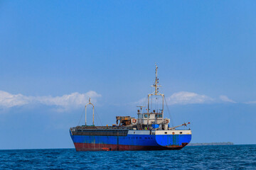 Large industrial ship sailing in the Indian ocean near Zanzibar, Tanzania