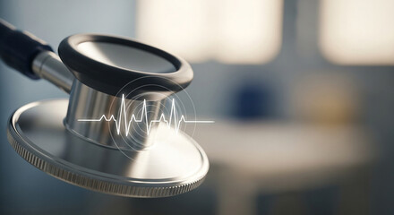 A close-up of a stethoscope's diaphragm with a digital EKG heartbeat waveform overlay in a medical setting.
