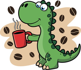 Dinosaur enjoying coffee illustration, cute cartoon character, holding a red mug with hot steaming beverage, coffee beans in background, morning brew.