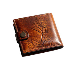 Close-up of a brown leather bi-fold wallet with embossed floral design