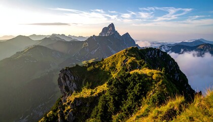 Majestic mountain range stretches toward the horizon, with peaks emerging from fog. Golden sunlight bathes the scene, highlighting the rugged terrain