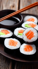 sushi rolls with salmon, avocado, and rice served with soy sauce and chopsticks