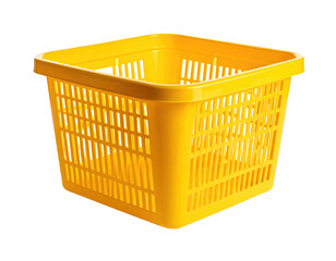 Bright yellow square plastic laundry basket with a perforated design