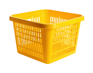 Bright yellow square plastic laundry basket with a perforated design