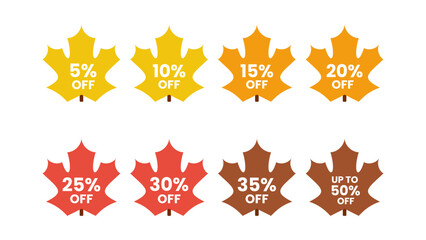 Autumn Maple Leaves Discount Sticker Pack - Editable Vector : Suitable for Use in Apps, Digital Content, and Printed Materials Related to Seasonal, Label and Stickers, Marketing and Advertising Themes
