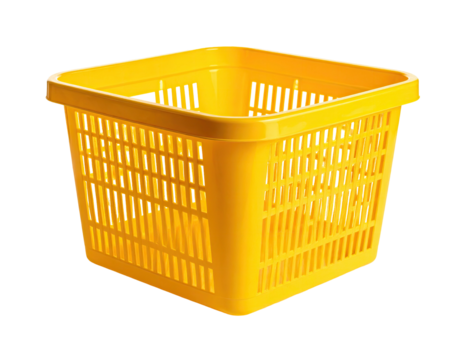 Bright yellow square plastic laundry basket with a perforated design
