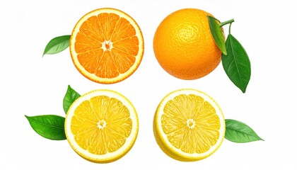 Fototapeta premium Composition with sliced and whole citrus fruits, with lush green leaves, set against a clean white backdrop