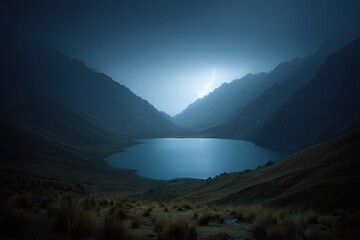 Misty mountain lake at night, lightning