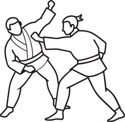 Two martial artists sparring on white background martial arts