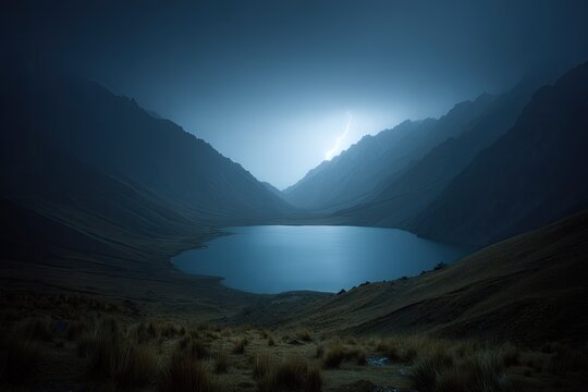Misty mountain lake at night, lightning