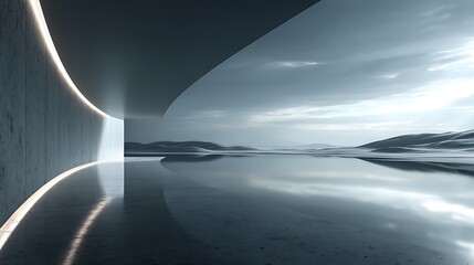 Futuristic architectural space with ocean view high resolution image