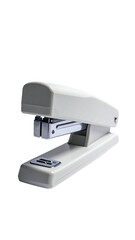 A light gray, rectangular stapler, angled slightly,  with metal components visible